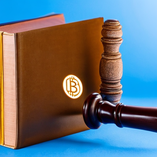  A gavel and a book with cryptocurrency symbols, representing law and regulations.
