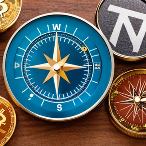  A compass pointing towards various cryptocurrency logos, indicating market direction.